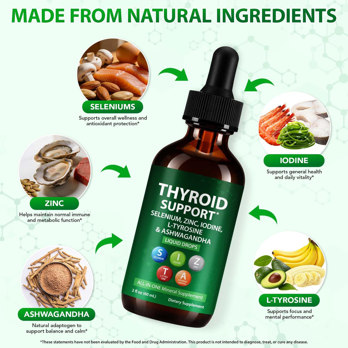 Iodine Selenium Zinc Ashwagandha L-Tyrosine Thyroid Support Liquid Drops 2 Fl Oz E1983