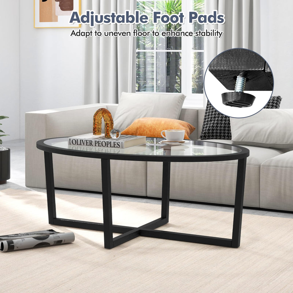 Black Oval Glass Coffee Table with Acacia Wood Legs J6194