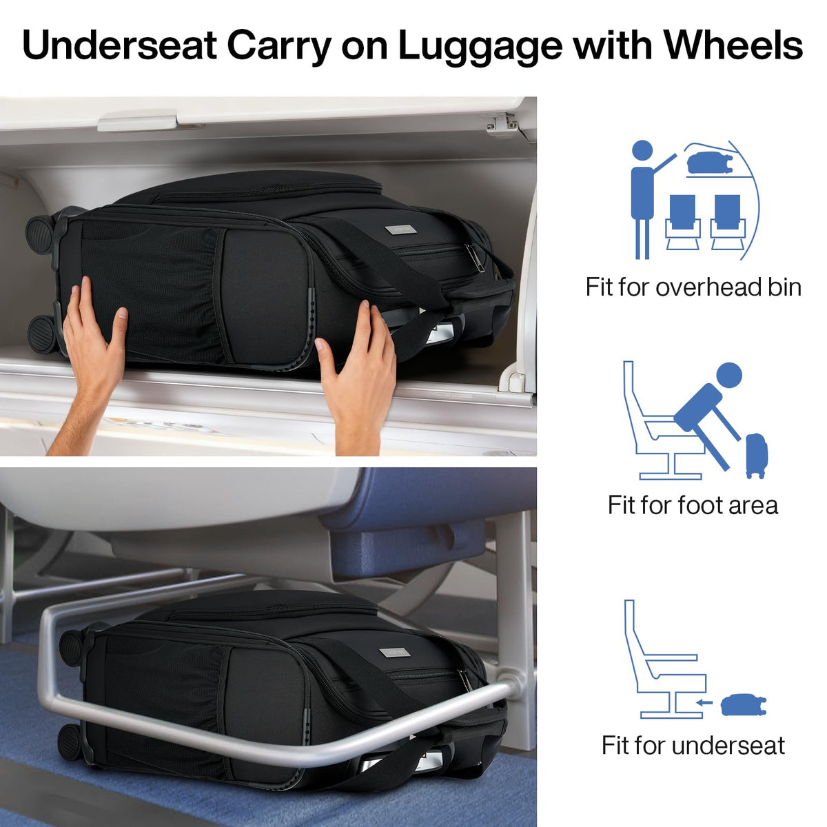 Black 16-inch Underseat Carry On Luggage with Wheels Y305