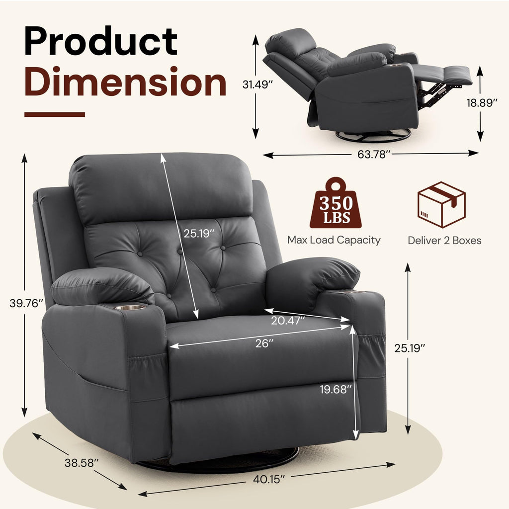 Oversized Swivel Rocker Recliner with Heat and Massage, Faux Leather, Grey V881