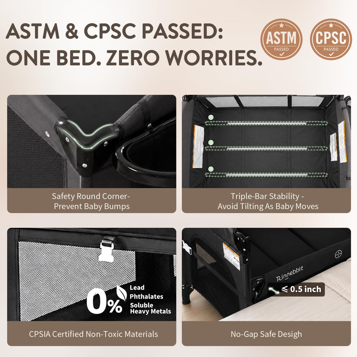 4-in-1 Pack and Play, Baby Bassinet Bedside Sleeper, Black S533771