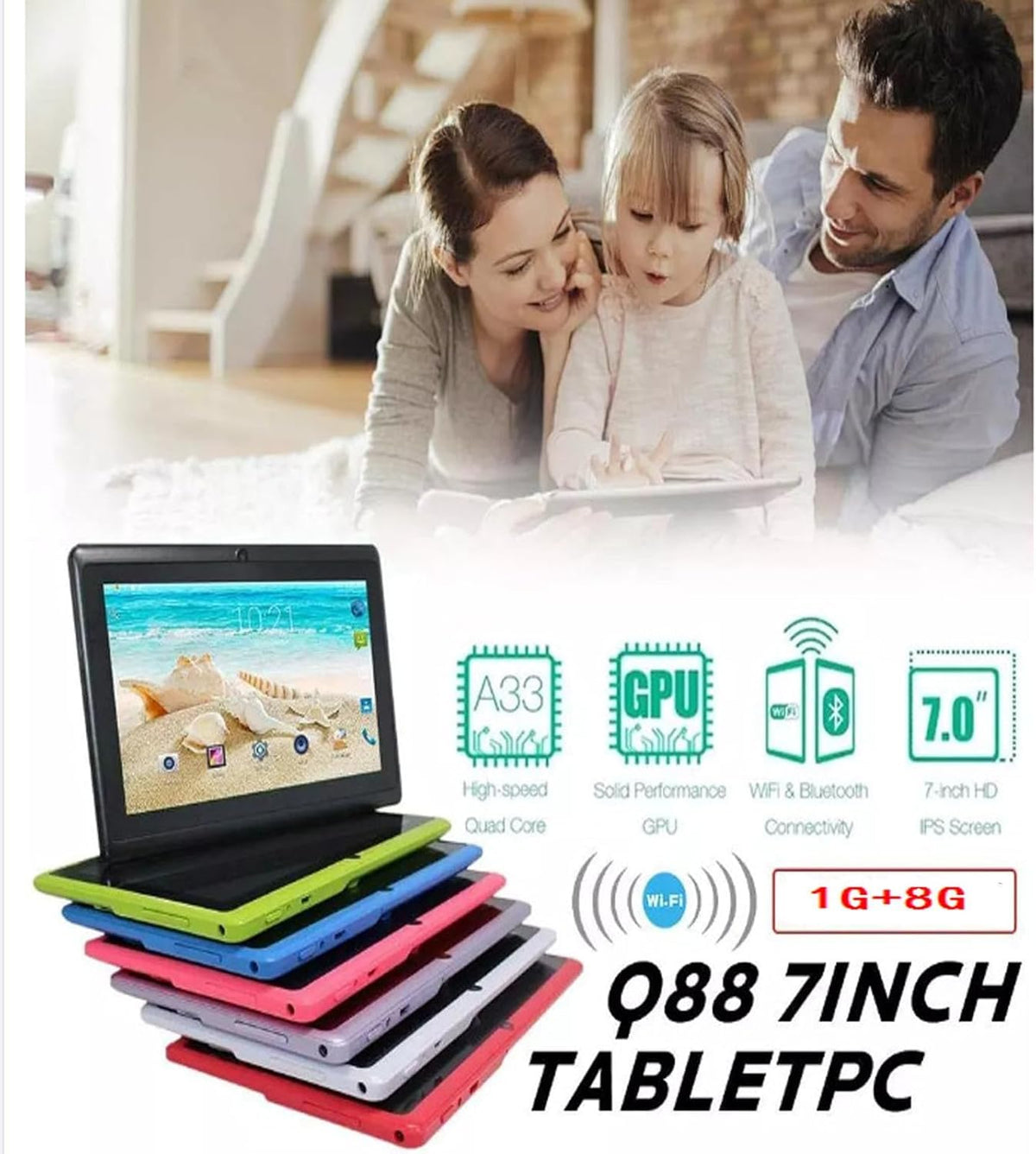 Android Tablet 7-inch HD Display 1GB +8GB 3000 mAh Black P1075