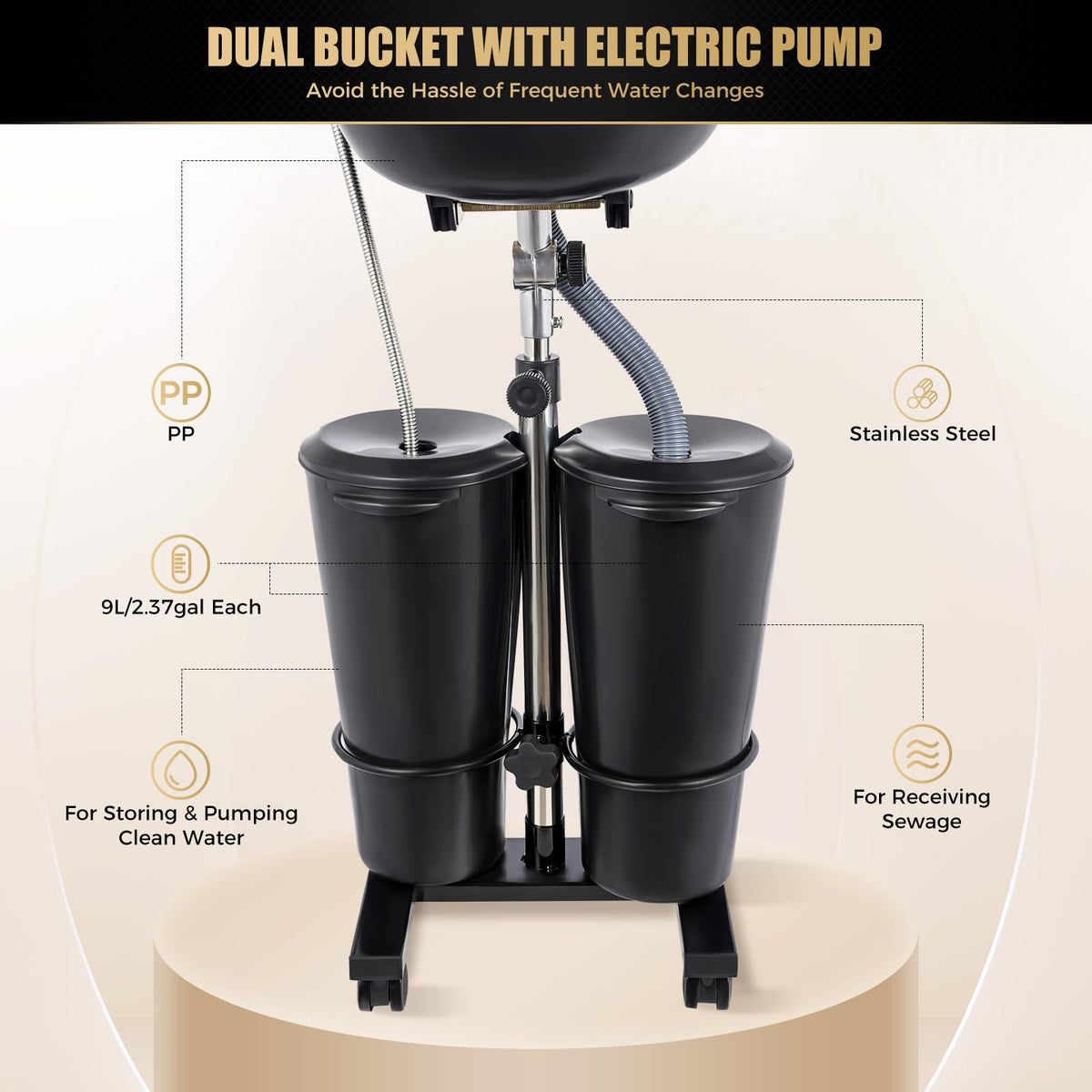 Portable Plastic Shampoo Basin with 2 Water Buckets and Wheels H9962