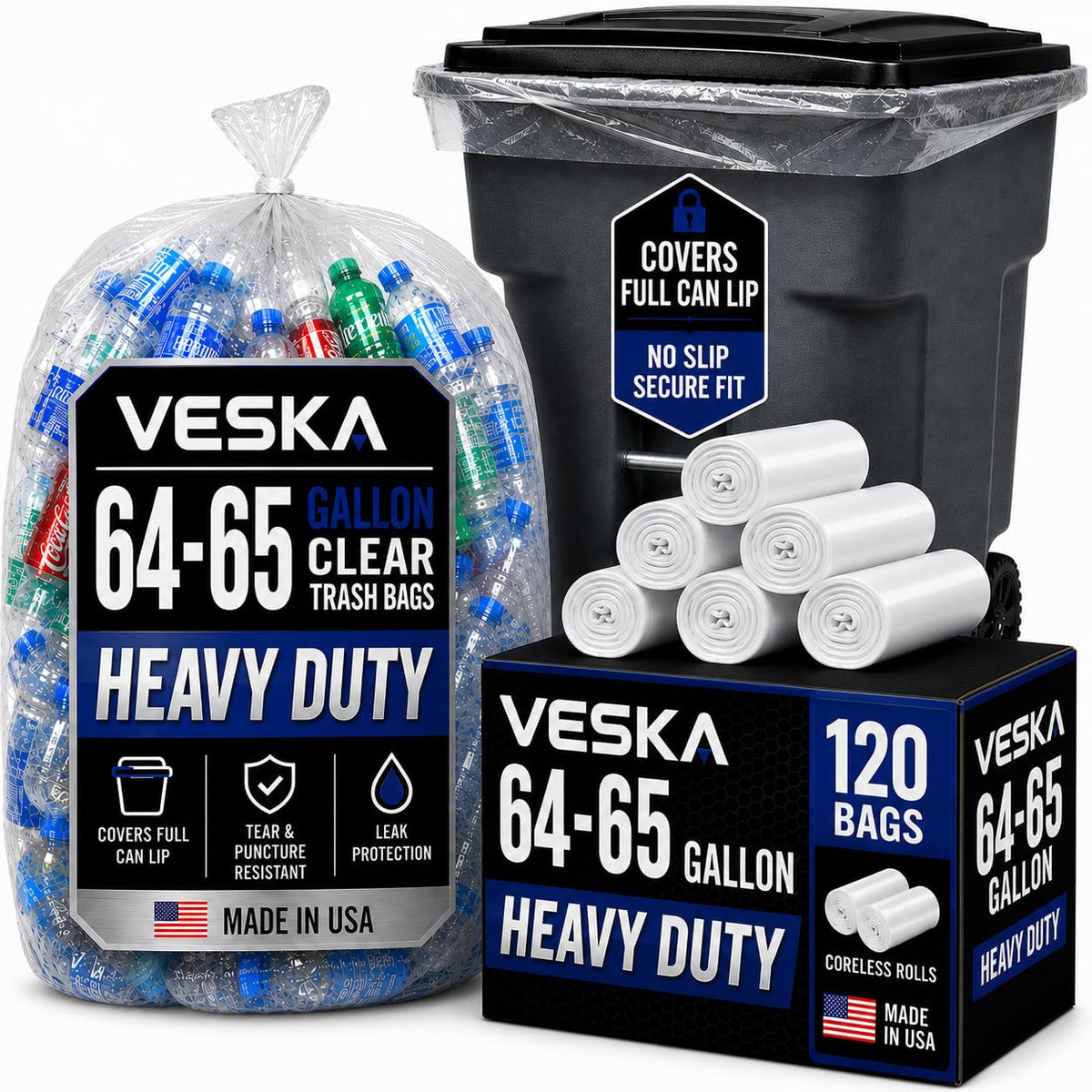 64-65 Gallon Clear Trash Bags, 120 Count Heavy Duty Garbage Bags A88428