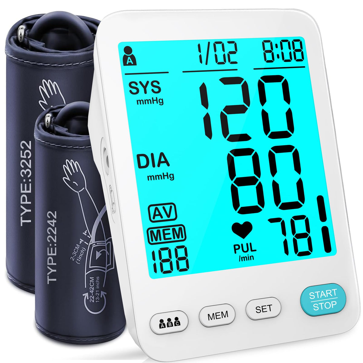 Automatic Upper Arm Blood Pressure Monitor Adjustable Cuffs Large LCD Digital Display E924