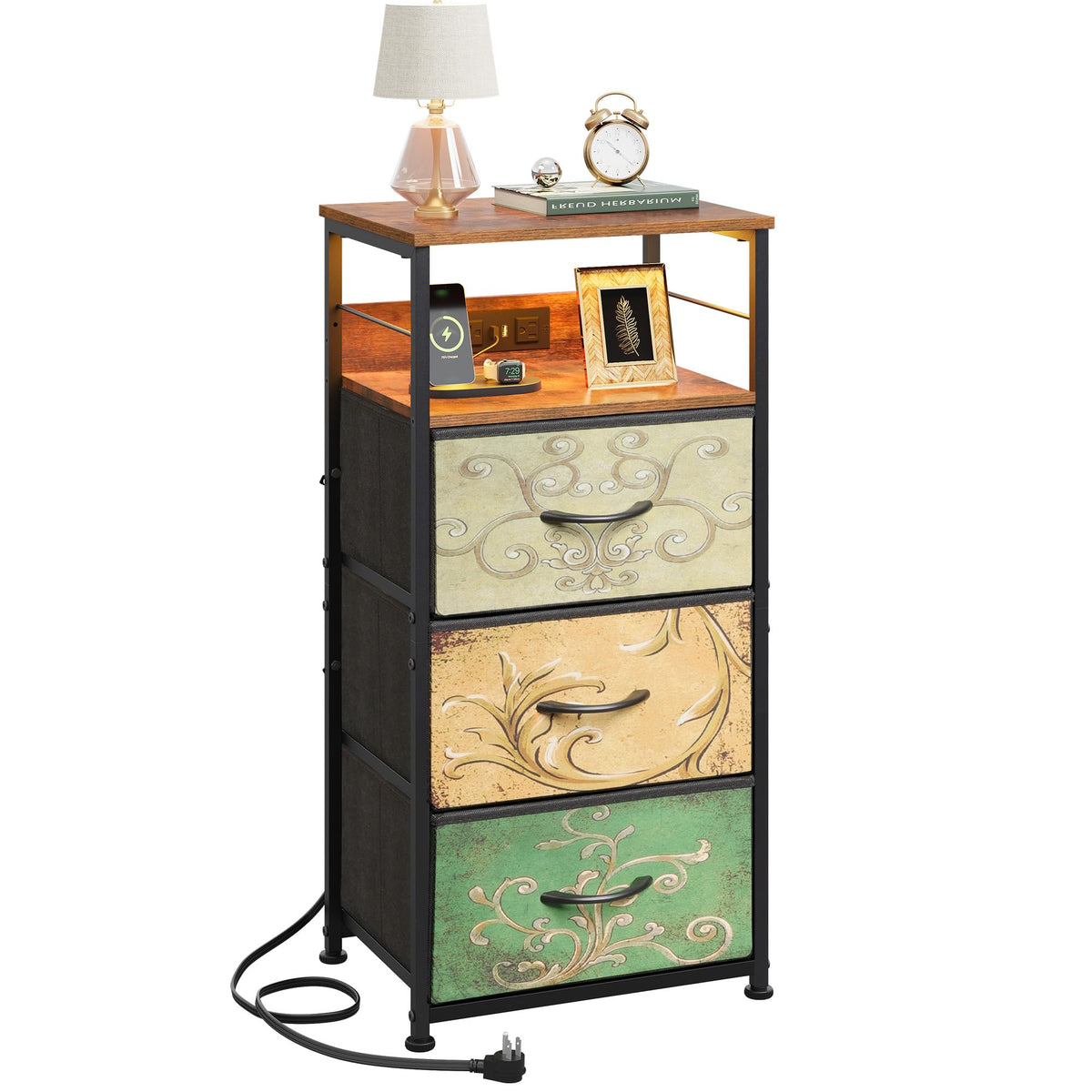 Night Stand with Charging Station, 3 Drawer Bedside Table B850