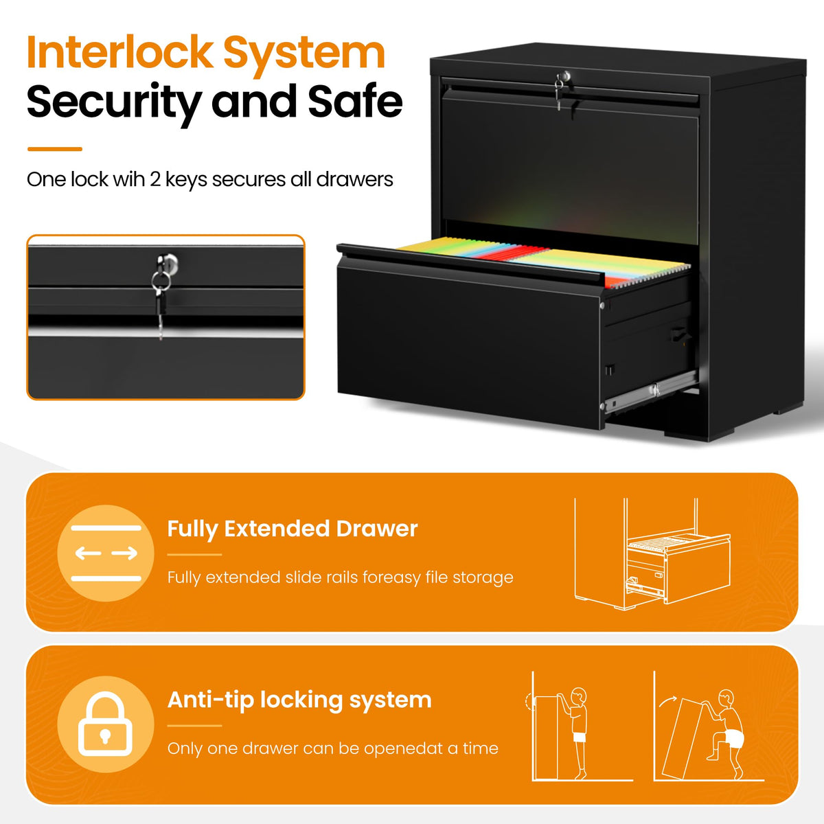 Black 2 Drawer Lateral File Cabinet with Lock C9826