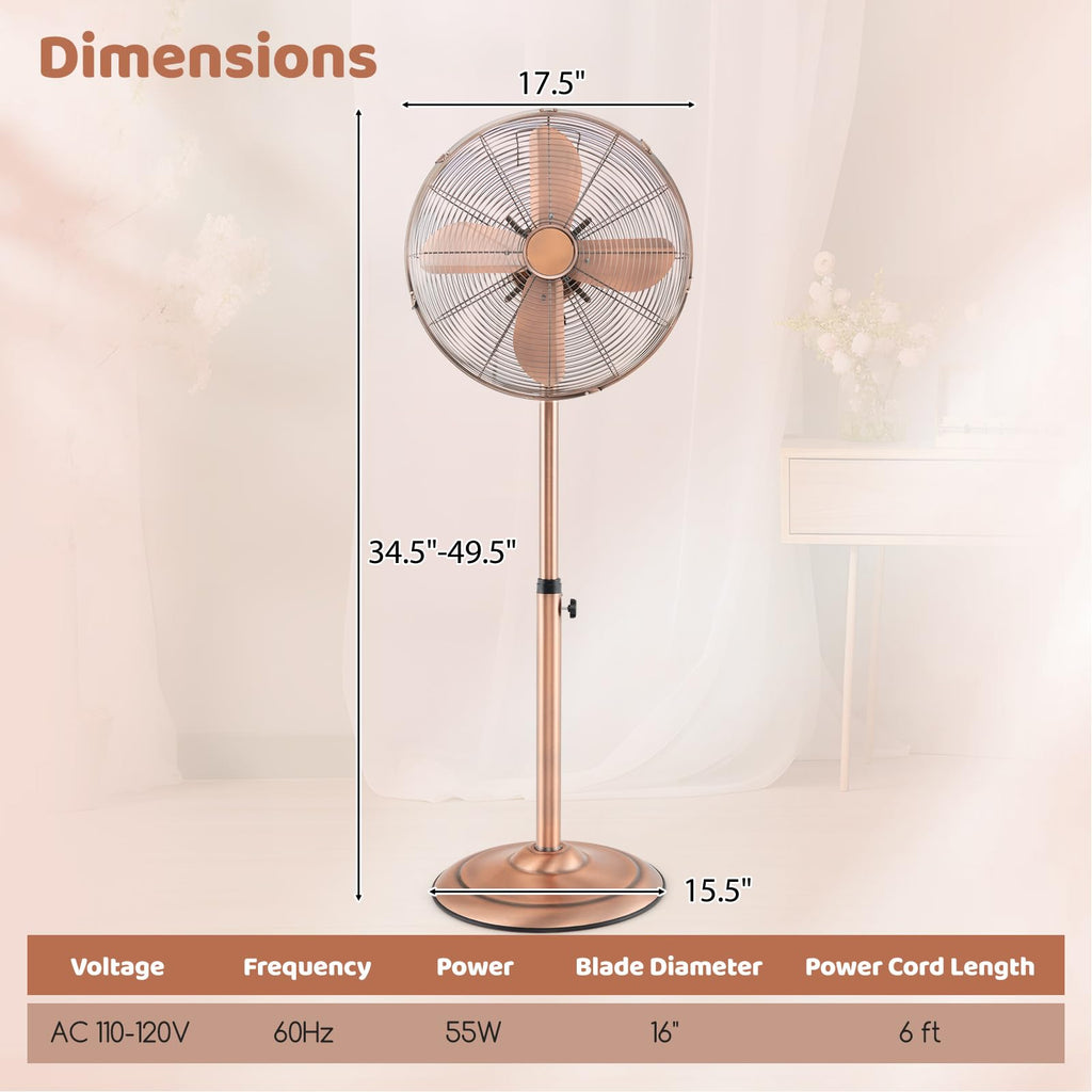 16-Inch Metal Pedestal Fan with Adjustable Height, 3 Speeds, Oscillation D401