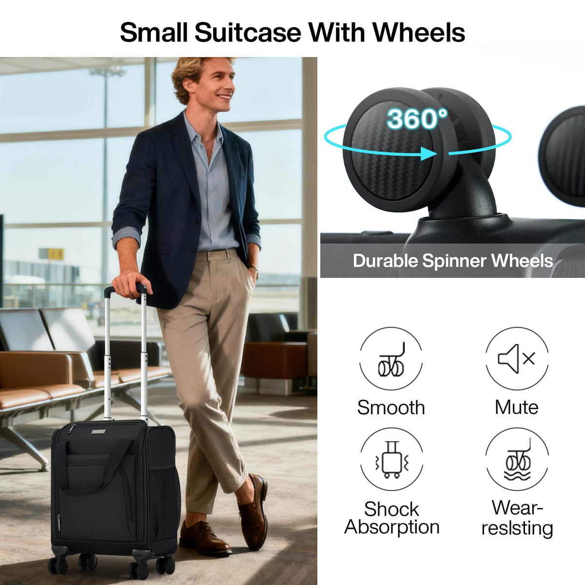 Black 16-inch Underseat Carry On Luggage with Wheels Y305