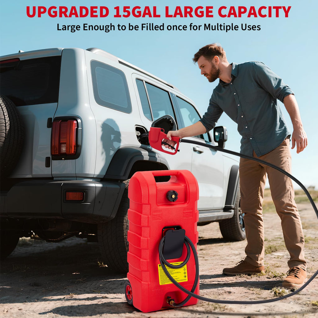 15 Gallon Portable Fuel Gas Can with Wheels and Hose J1052