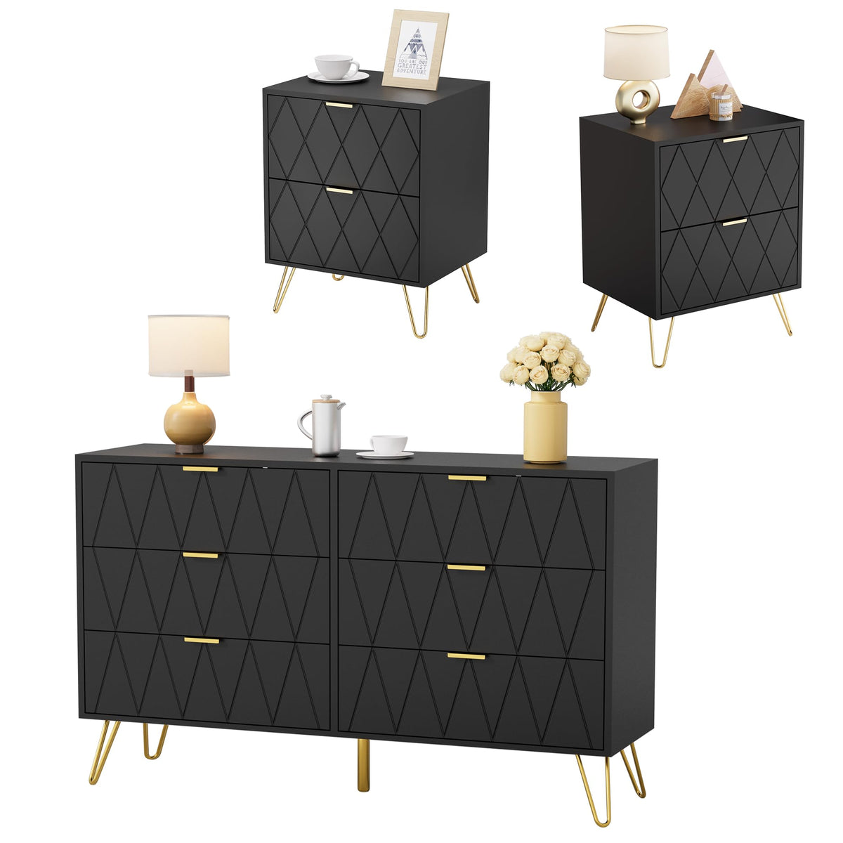 Black 6 Drawer Dresser and 2 Drawer Nightstand Set of 2 F525646