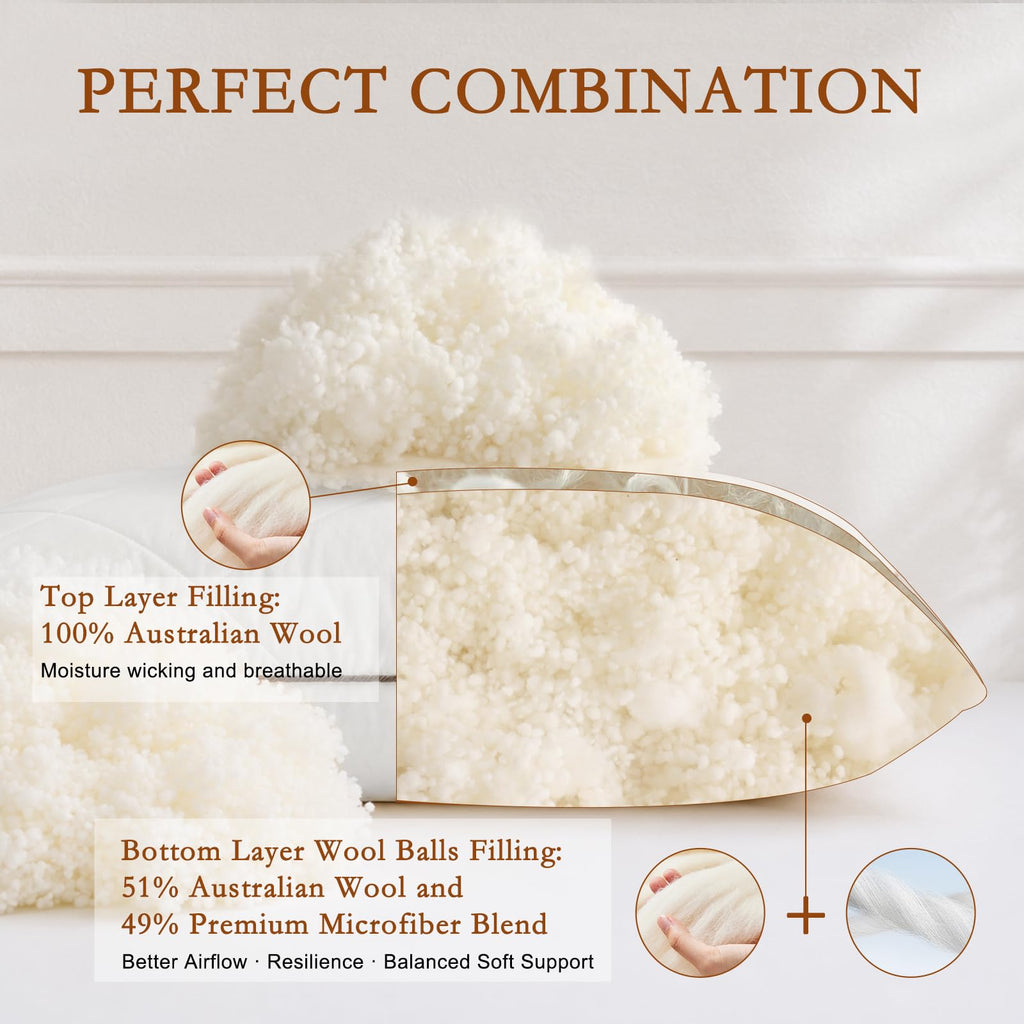 Soft Natural Wool Pillow King Size Set of 2 Cotton Cover W634