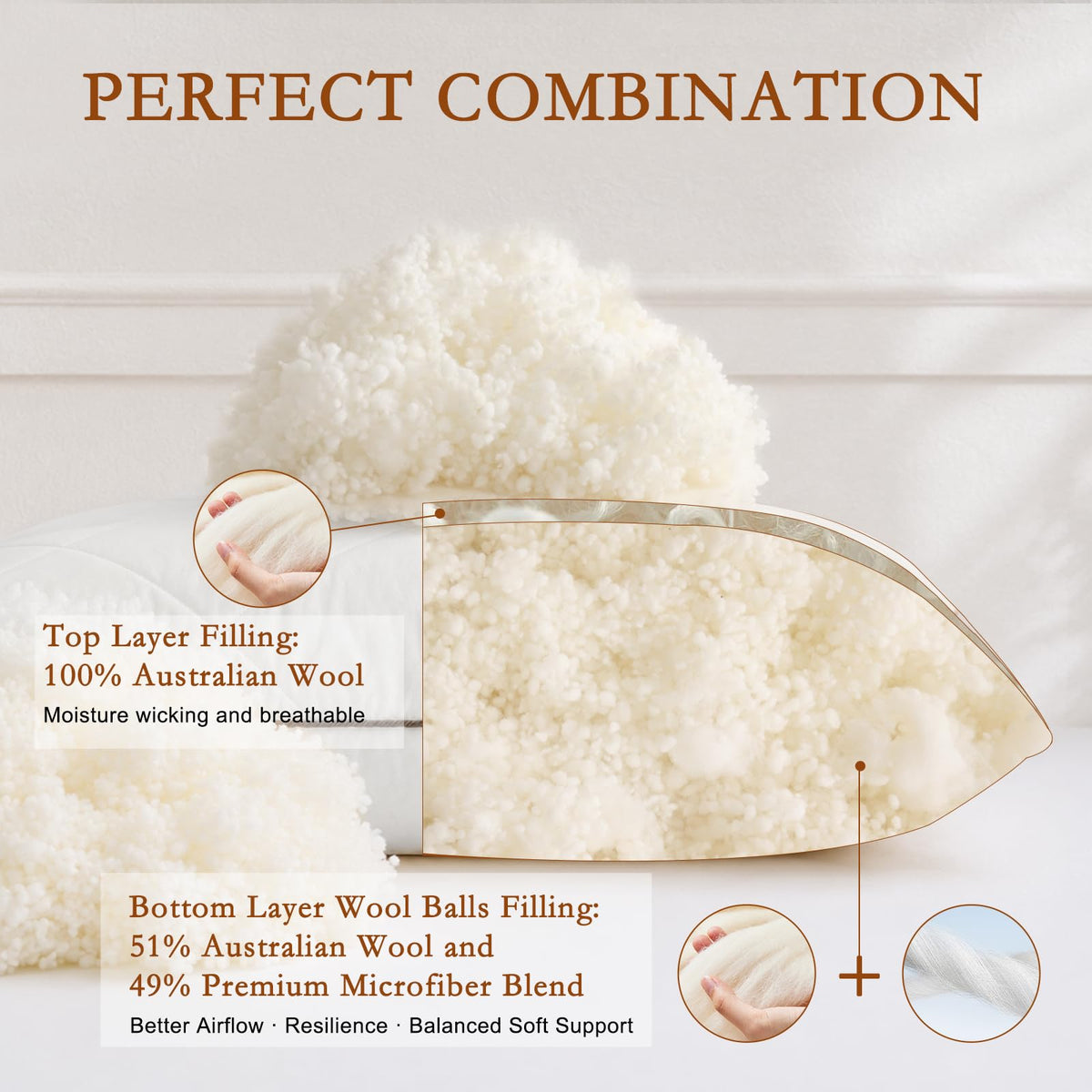 Soft Natural Wool Pillow King Size Set of 2 Cotton Cover W634