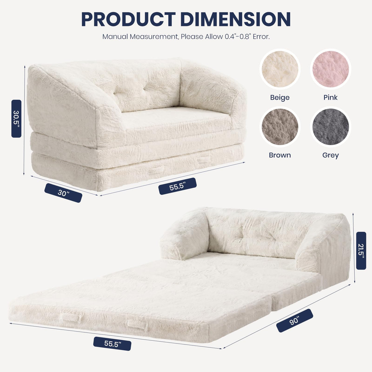 Convertible Folding Sofa Bed, 2 in 1 Portable Floor Couch & Foam Mattress with Handle, Space-Saving Faux Fur Futon Chair for Living Room, Bedroom, Guest Room (Loveseat, Beige) Q8507