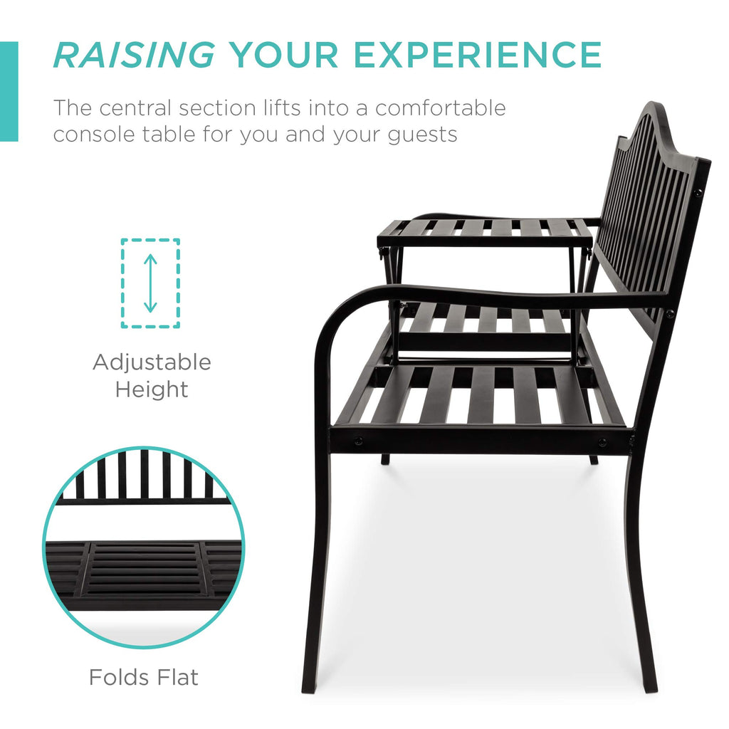 Black Steel Outdoor Garden Bench with Pullout Middle Table J103924