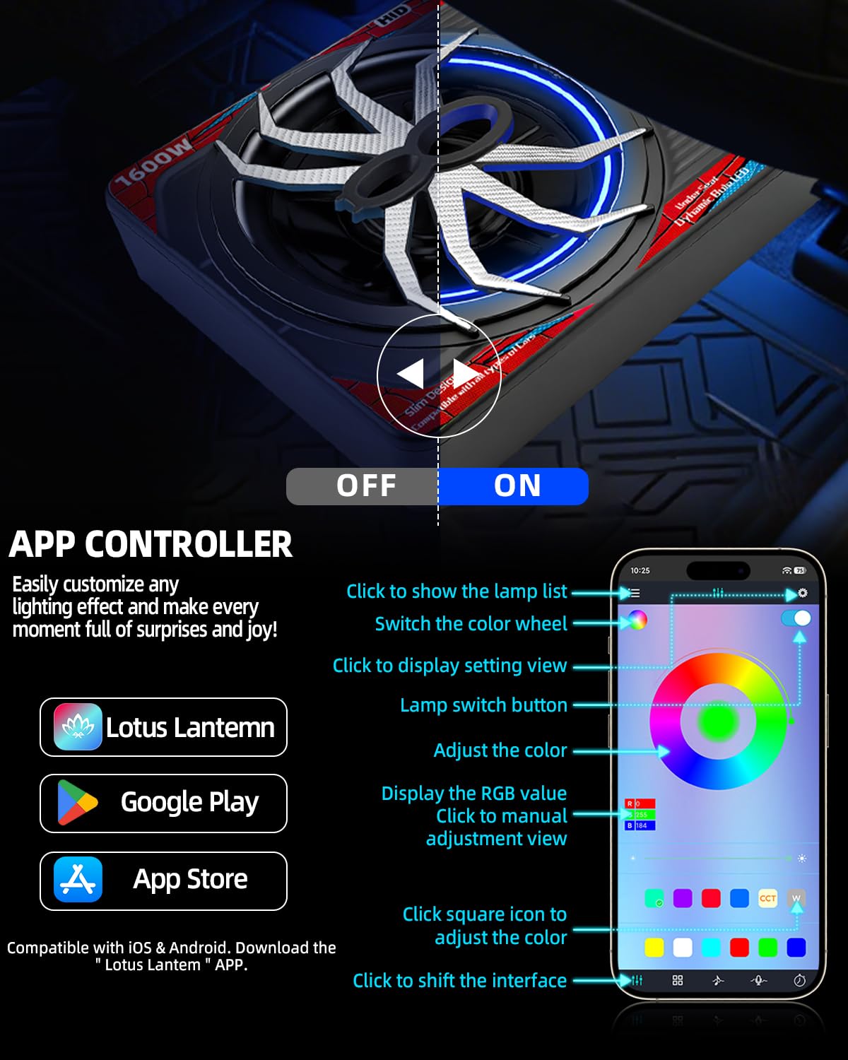 1600W Slim Underseat Car Subwoofer and Amp with RGB Light A8631