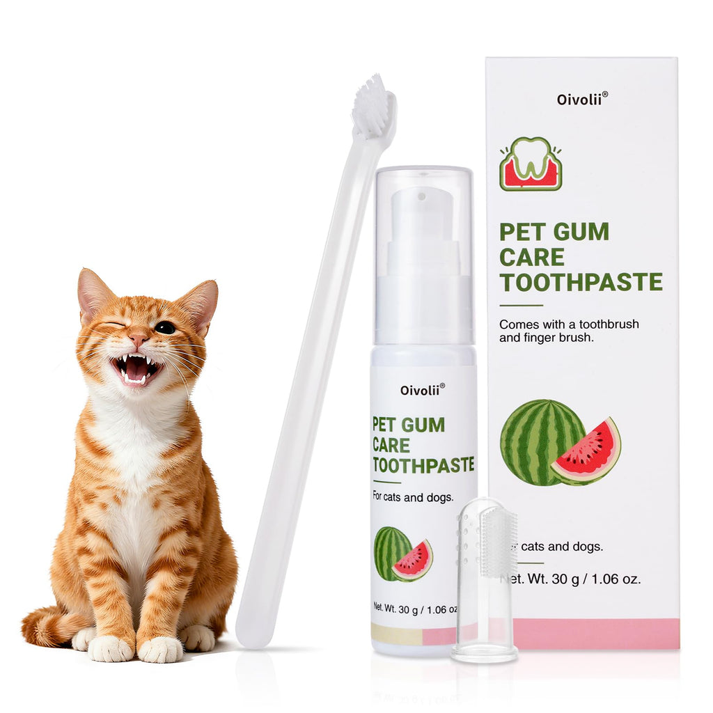 Watermelon Flavor Cat Toothpaste Kit with Finger Brush & Long-Handle Toothbrush D7874
