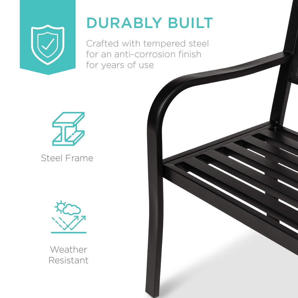 Black Steel Outdoor Garden Bench with Pullout Middle Table J103924