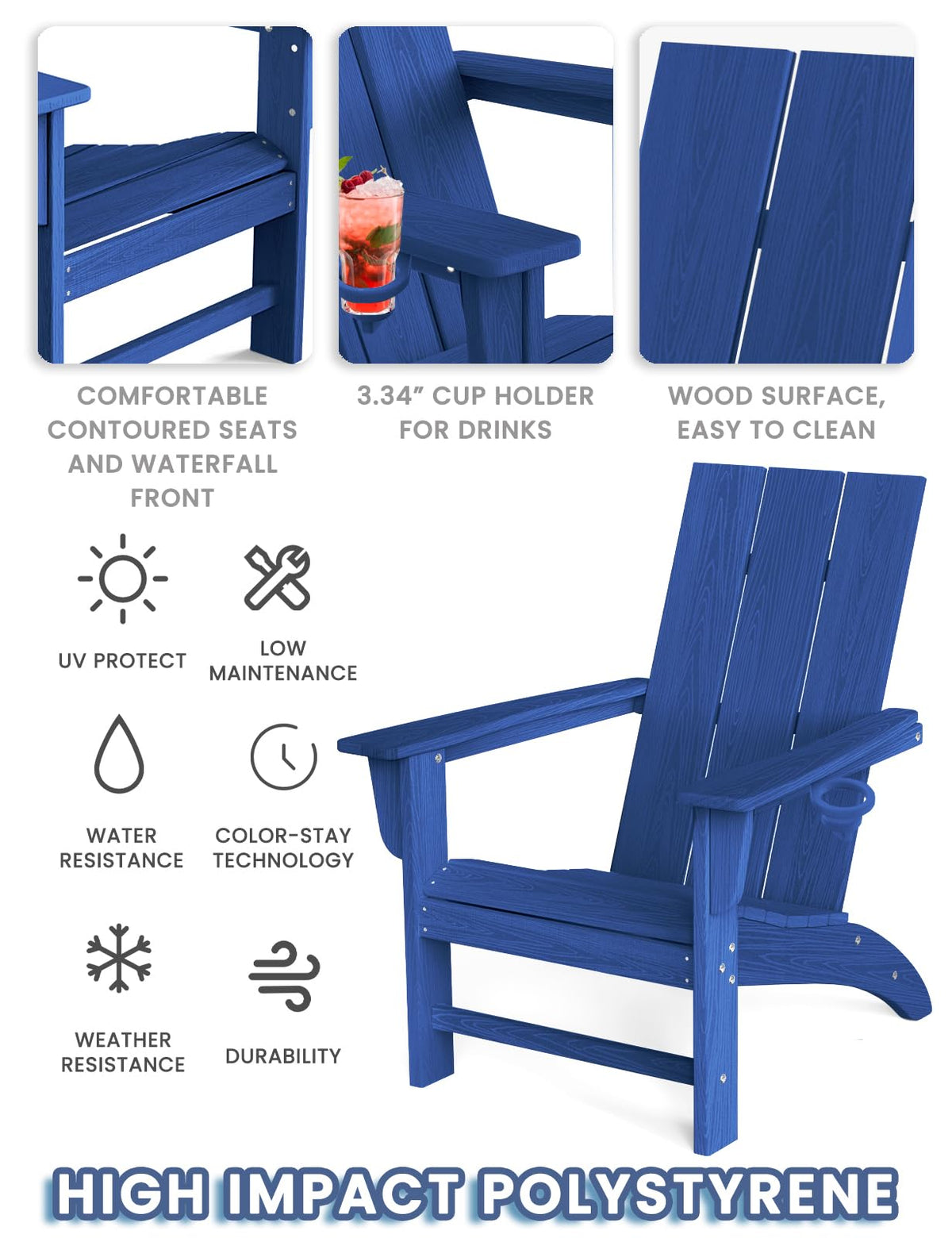 Adirondack Chair with Cup Holder, HDPE Plastic Patio Chairs Z90055
