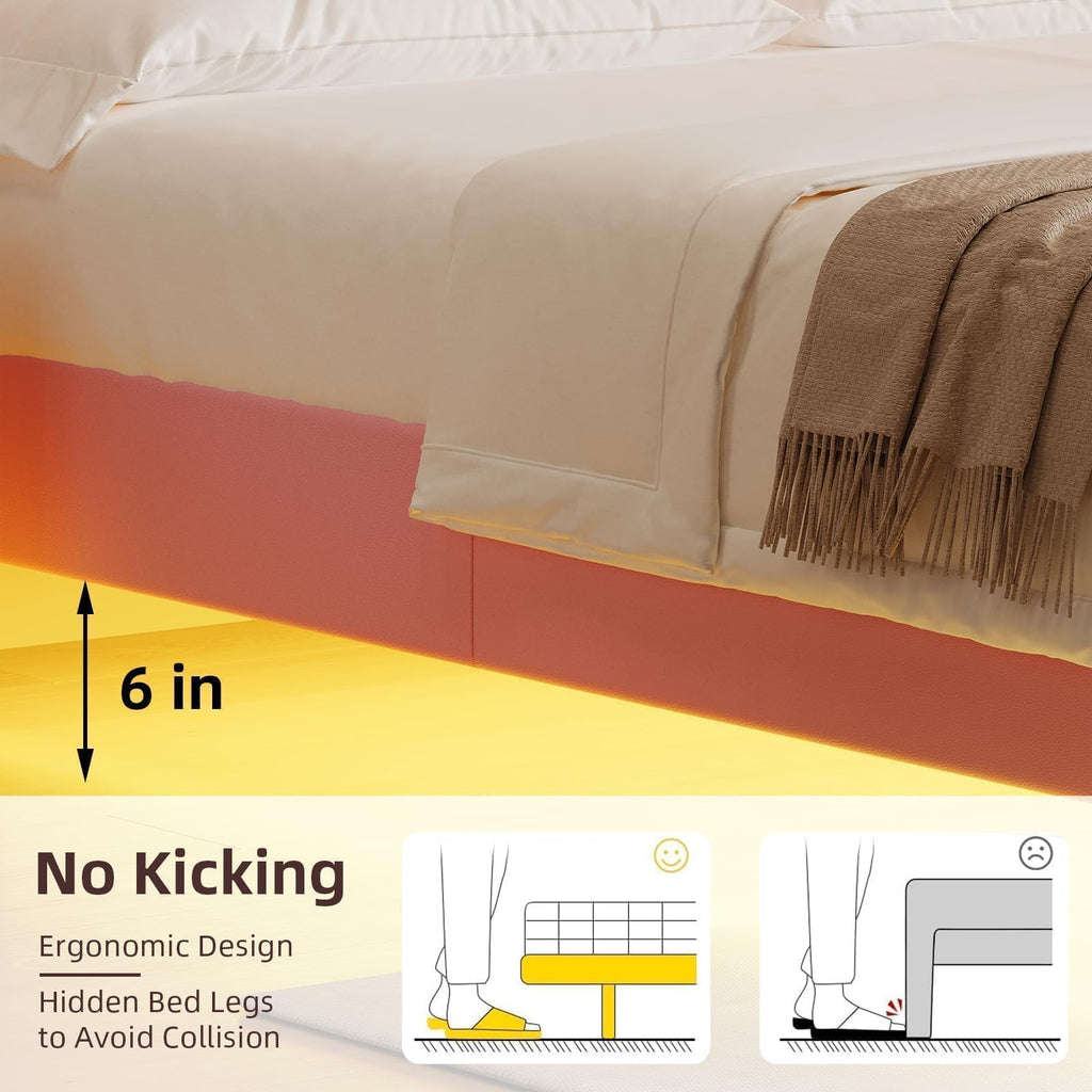 Pink Full Floating Bed Frame with LED Lights and Diamond Headboard K5980