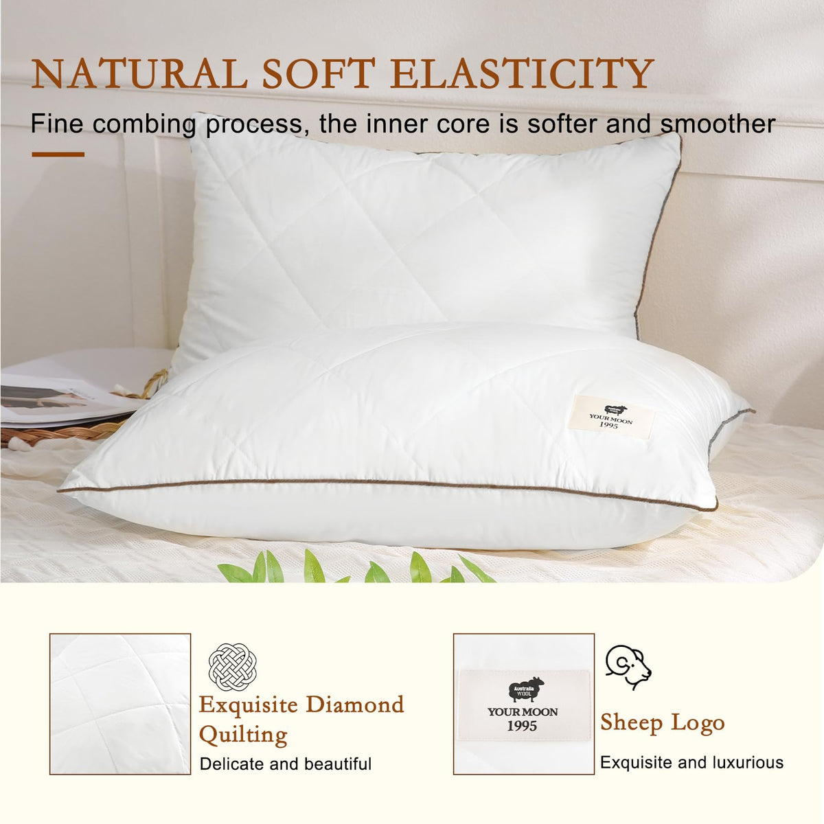 Soft Natural Wool Pillow King Size Set of 2 Cotton Cover W634