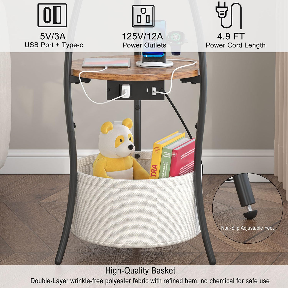 3-Tier Round End Table with Charging Station Z21206