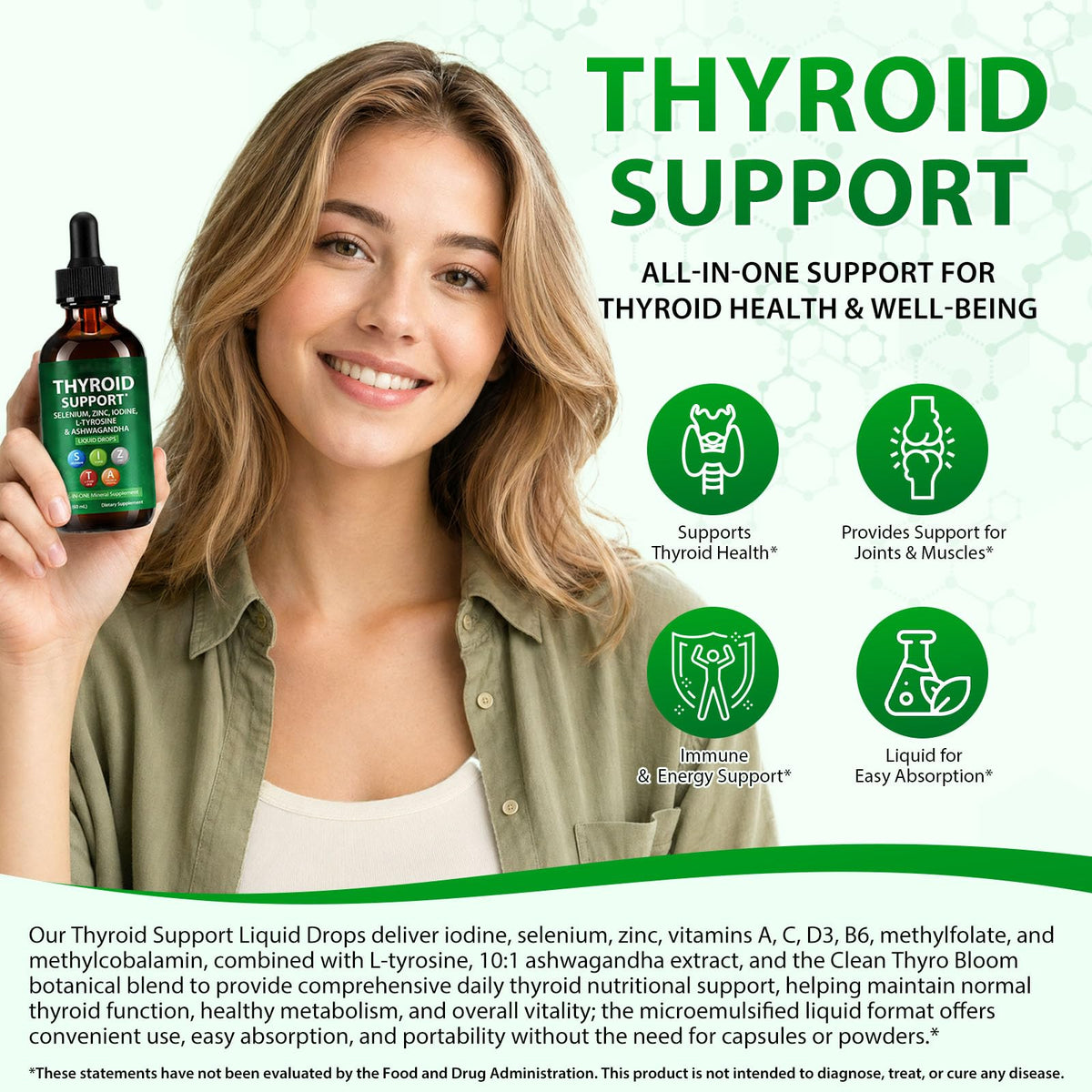 Iodine Selenium Zinc Ashwagandha L-Tyrosine Thyroid Support Liquid Drops 2 Fl Oz E1983