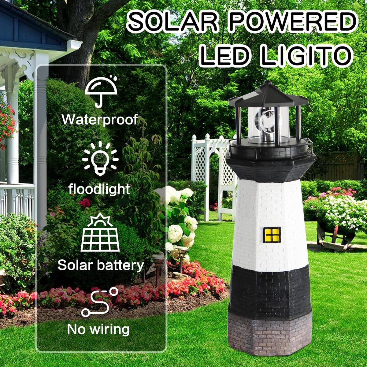 Solar Powered Lighthouse Garden Light with Rotating Beacon N44942