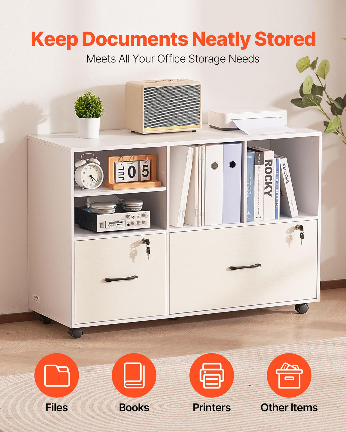 White 2 Drawer Wooden Lockable Mobile File Cabinet P148483