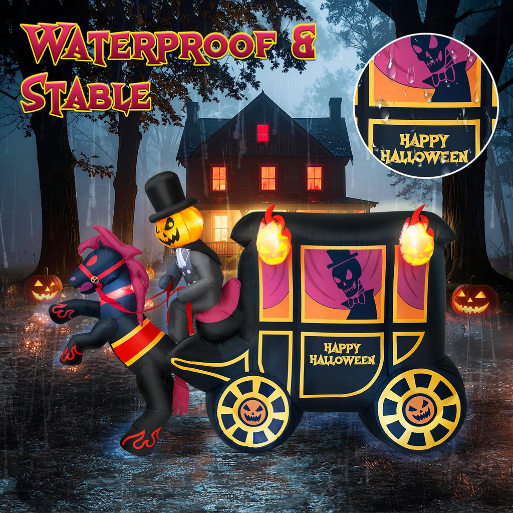 10FT Halloween Inflatable Pumpkin-Headed Horse Carriage with LED Light C9126