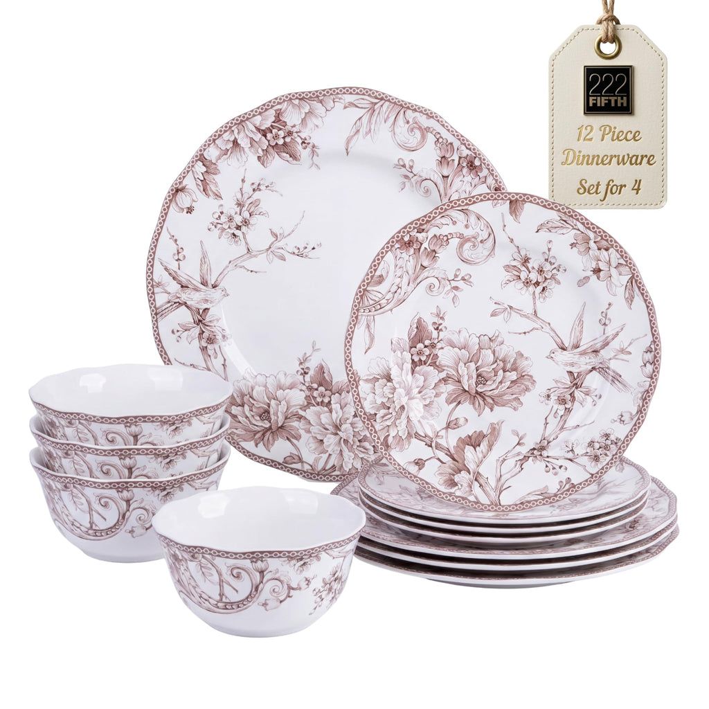 Brown on White 12-Piece Porcelain Dinnerware Set J318413