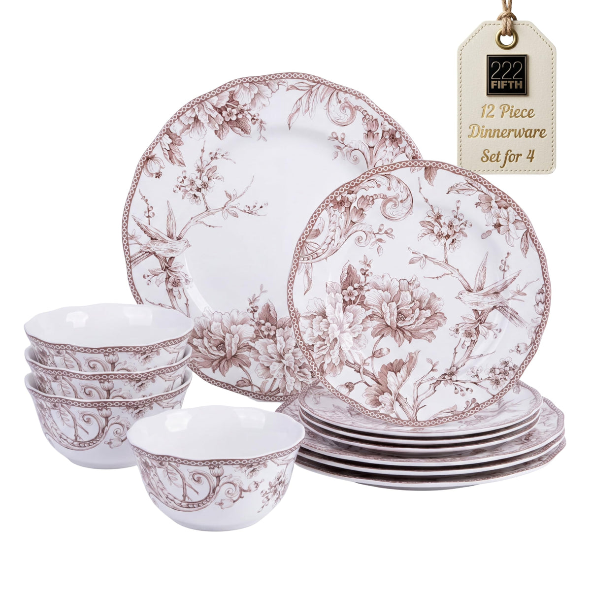 Brown on White 12-Piece Porcelain Dinnerware Set J318413