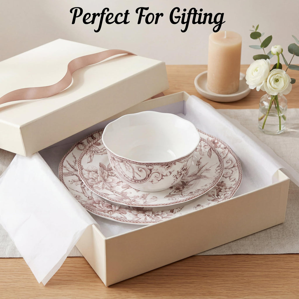 Brown on White 12-Piece Porcelain Dinnerware Set J318413
