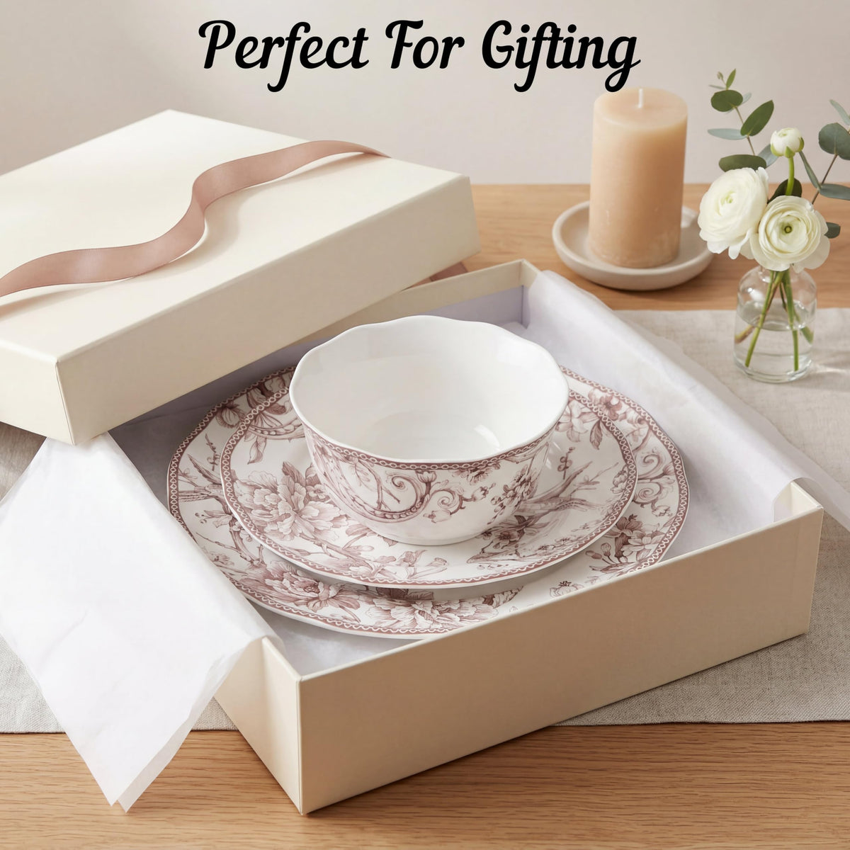 Brown on White 12-Piece Porcelain Dinnerware Set J318413