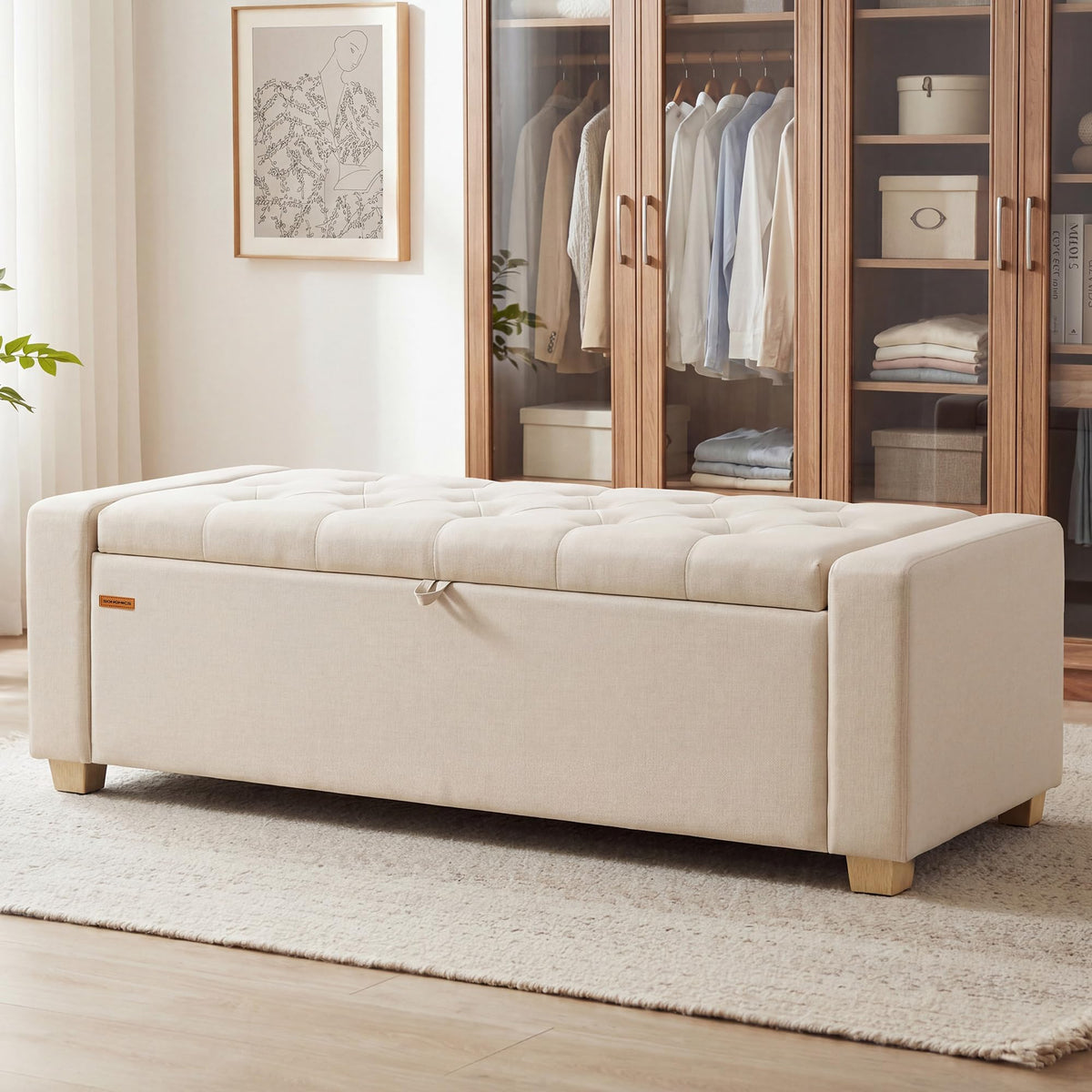 48 Inches Storage Ottoman with Solid Wood Legs A6255