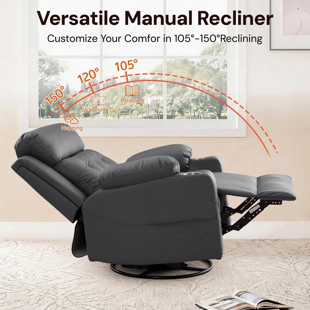 Oversized Swivel Rocker Recliner with Heat and Massage, Faux Leather, Grey V881