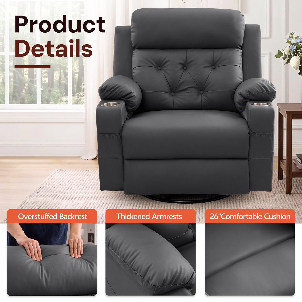 Oversized Swivel Rocker Recliner with Heat and Massage, Faux Leather, Grey V881