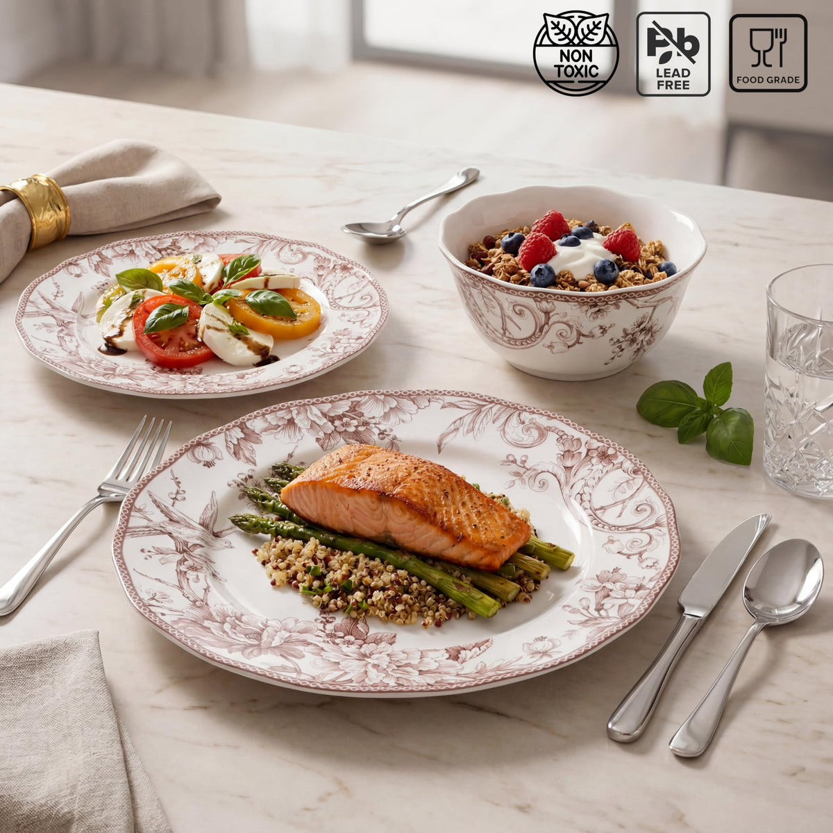Brown on White 12-Piece Porcelain Dinnerware Set J318413