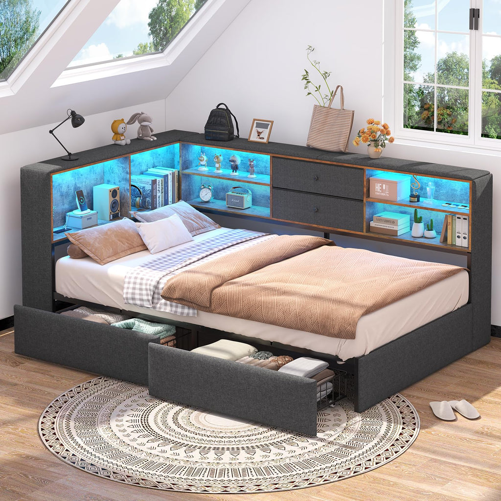 Twin Corner Bed Frame with Storage Drawers C309856