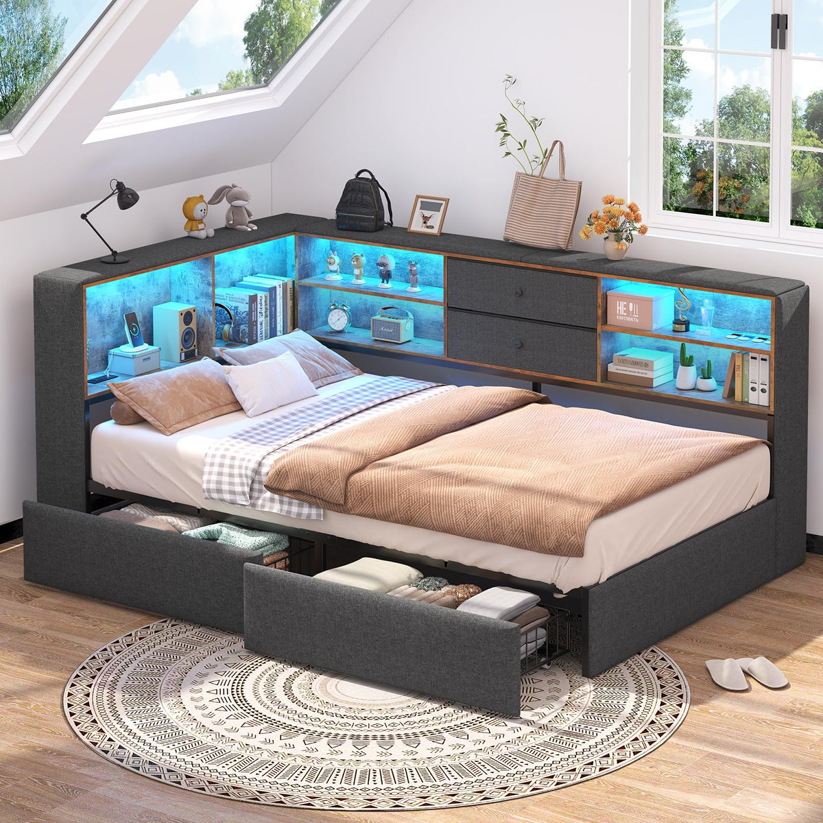 Twin Corner Bed Frame with Storage Drawers C309856