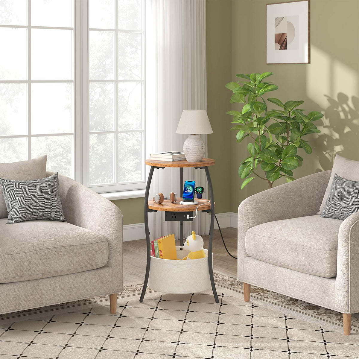 3-Tier Round End Table with Charging Station Z21206