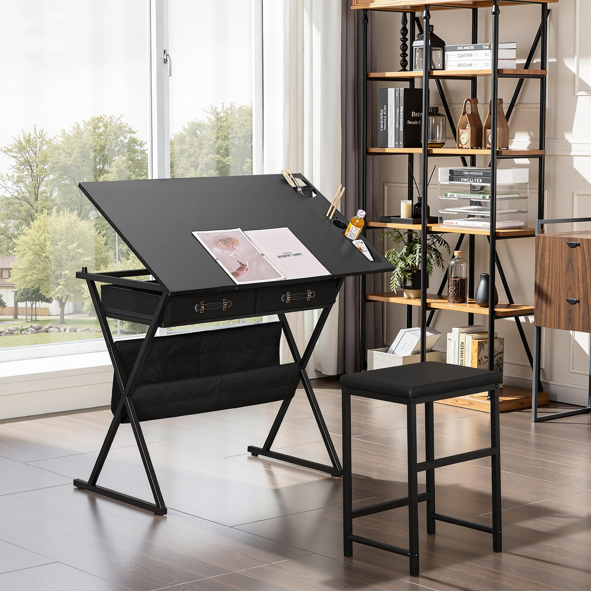 Black Adjustable Drafting Table with 2 Storage Drawers and Stool G7084