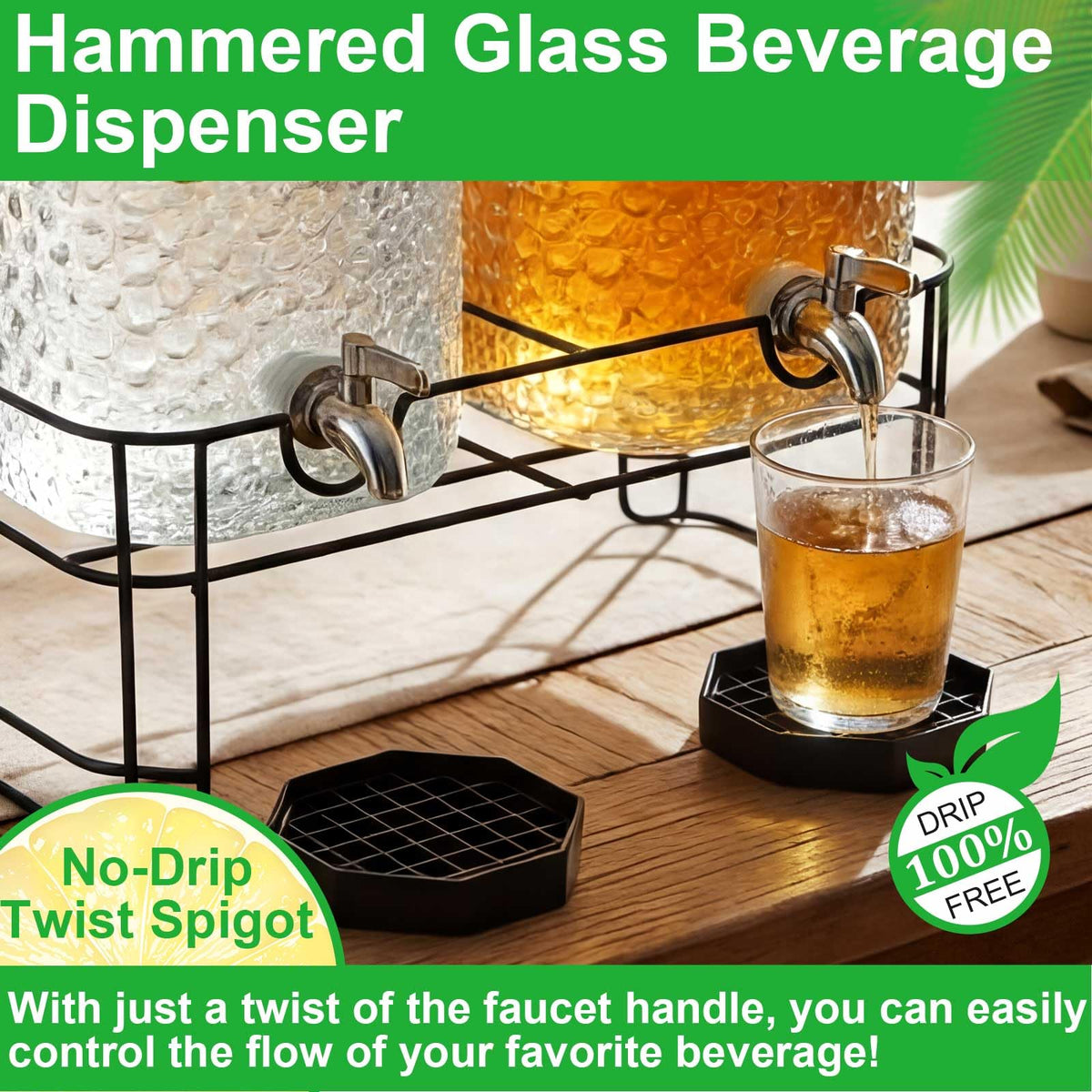 2 Pack 5 Gallon Hammered Glass Drink Dispenser with Stand R14760