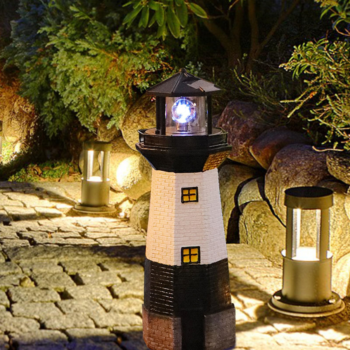 Solar Powered Lighthouse Garden Light with Rotating Beacon N44942