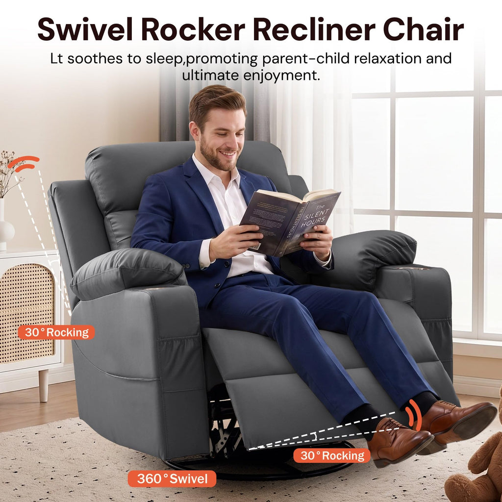 Oversized Swivel Rocker Recliner with Heat and Massage, Faux Leather, Grey V881