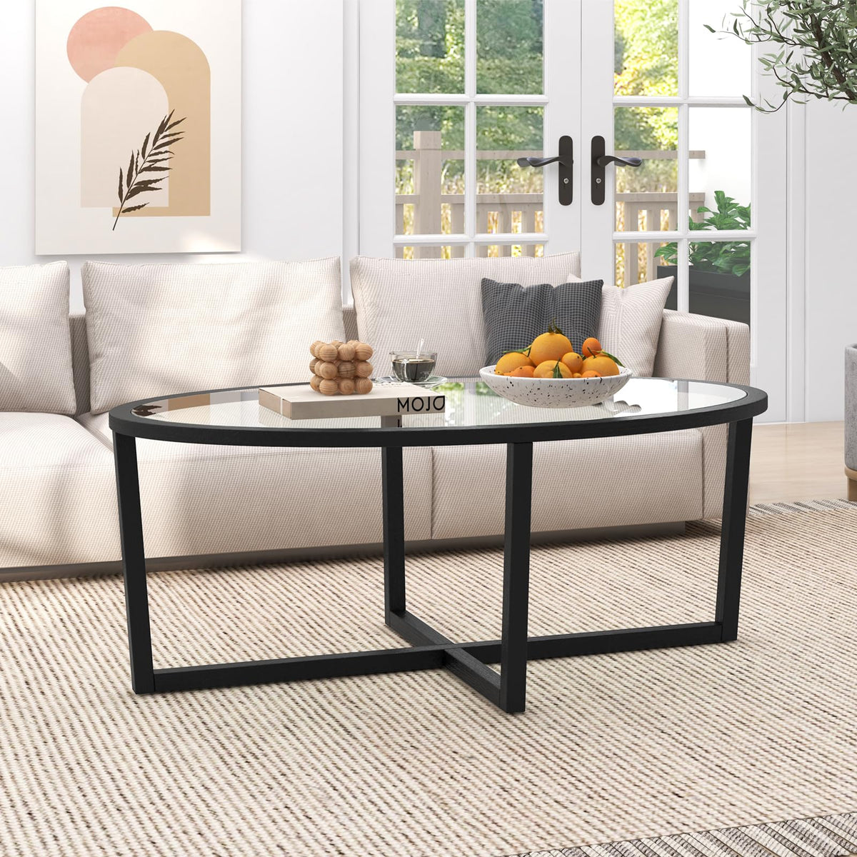 Black Oval Glass Coffee Table with Acacia Wood Legs J6194