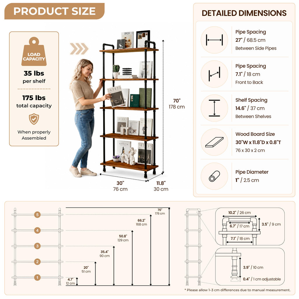 5 Tier Rustic Brown Bookshelf Q379