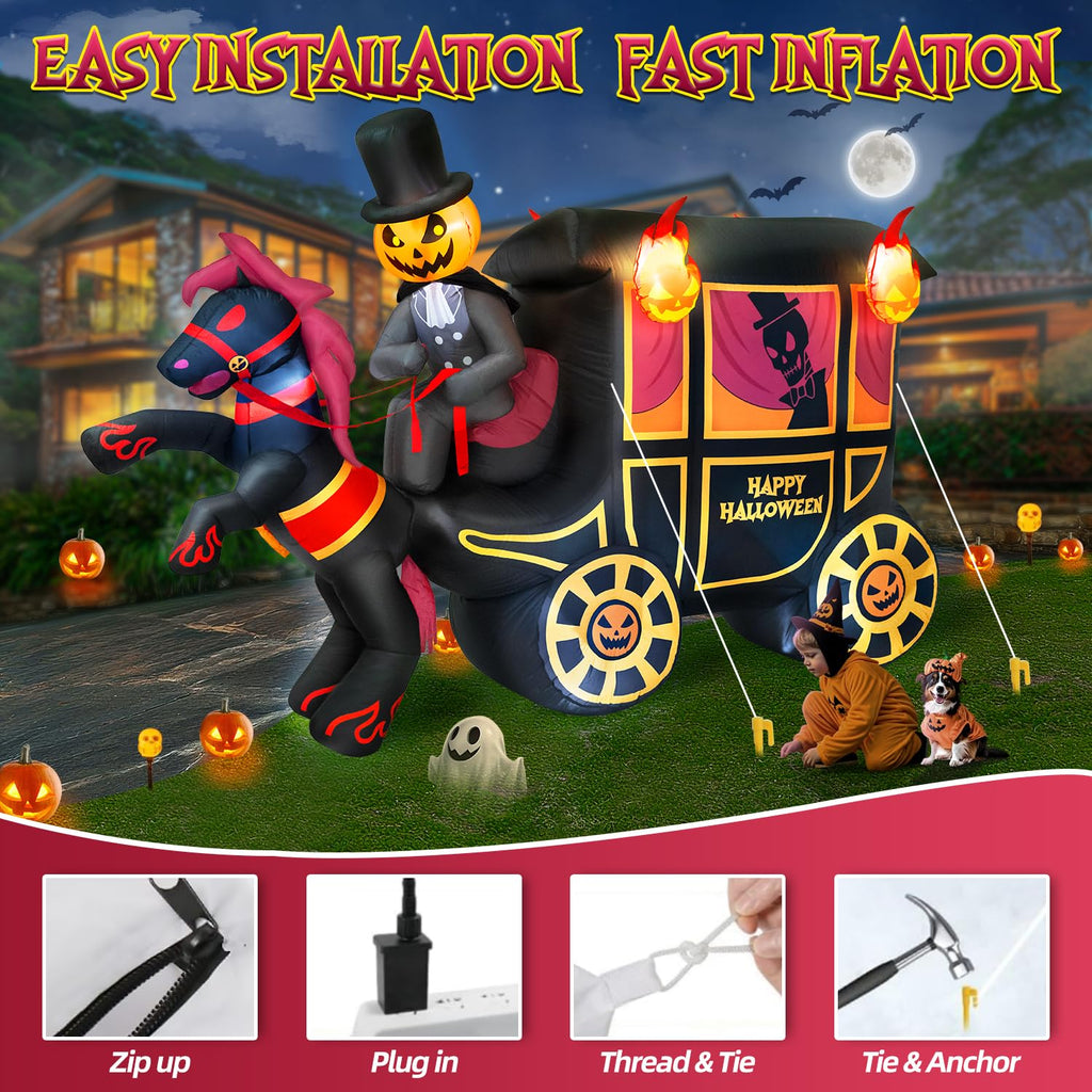 10FT Halloween Inflatable Pumpkin-Headed Horse Carriage with LED Light C9126