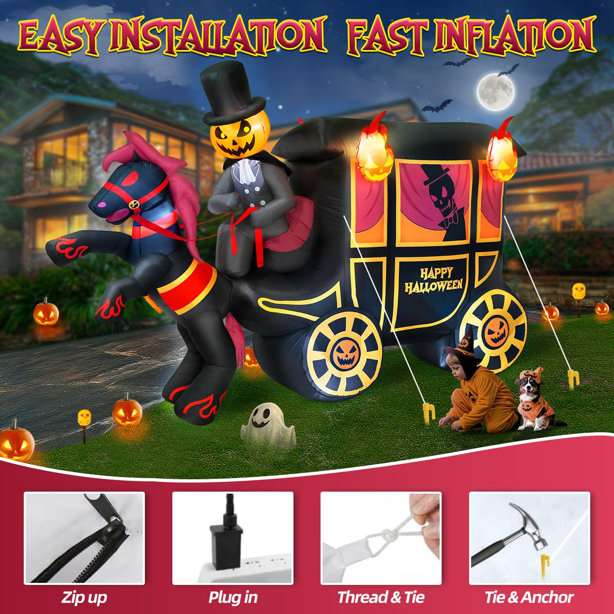 10FT Halloween Inflatable Pumpkin-Headed Horse Carriage with LED Light C9126