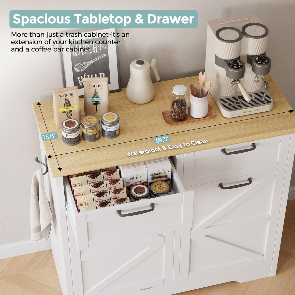 8-10 Gallons Tilt Out Trash Can Cabinet with Drawer V797545